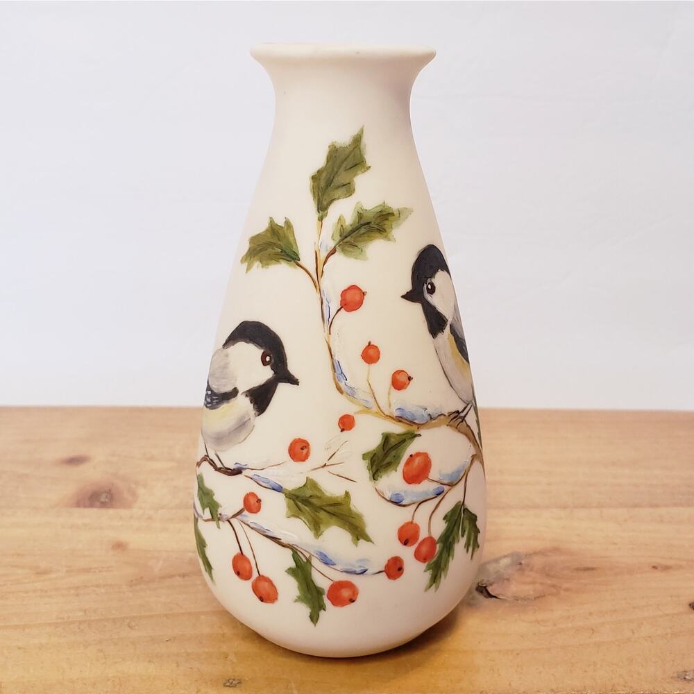 Vintage‎ Hand Painted Chickadee on Holly Bird 5" Flower Bud Vase by Dot Fillio